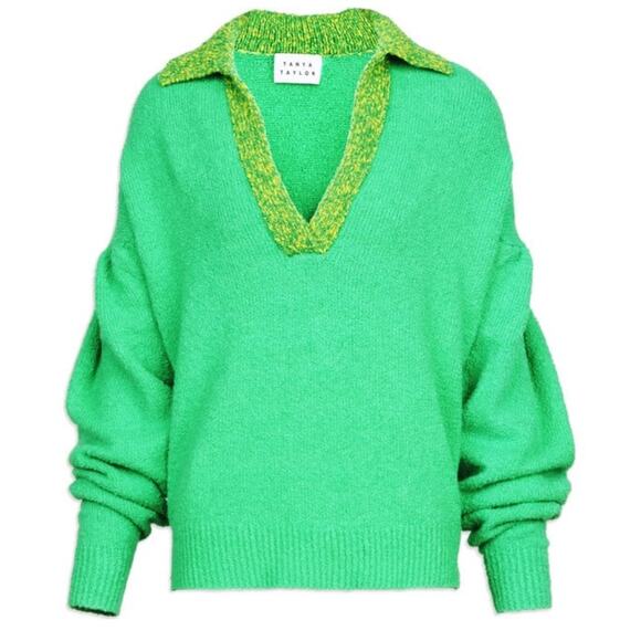 Tanya Taylor Avika Knit V-Neck Kelly Green Sweater - Picture 2 of 9